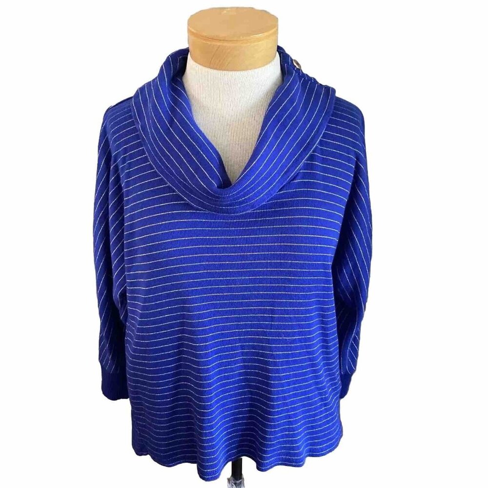 Rafaella Ribbed Knit Top Women's Size Medium Cowl Neck Blue‎ W/ Metallic Stripes